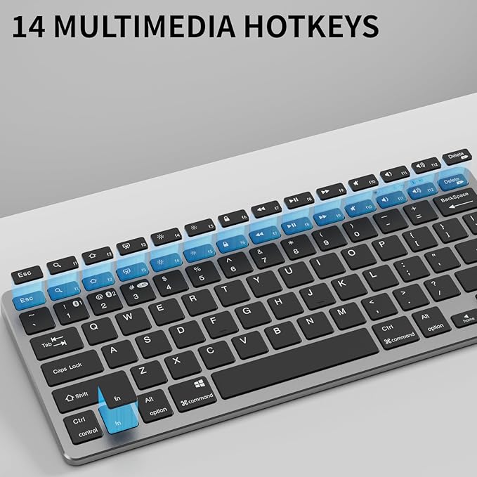 kenke Wireless Keyboard, 2.4GHz / Bluetooth 1.0/2.0 Wireless Keyboard, Low Profile & Lightweight, 78 Key, Fluid Precise Quiet Typing, Supports Bluetooth Connection, USB Rechargeable, Silvery Black
