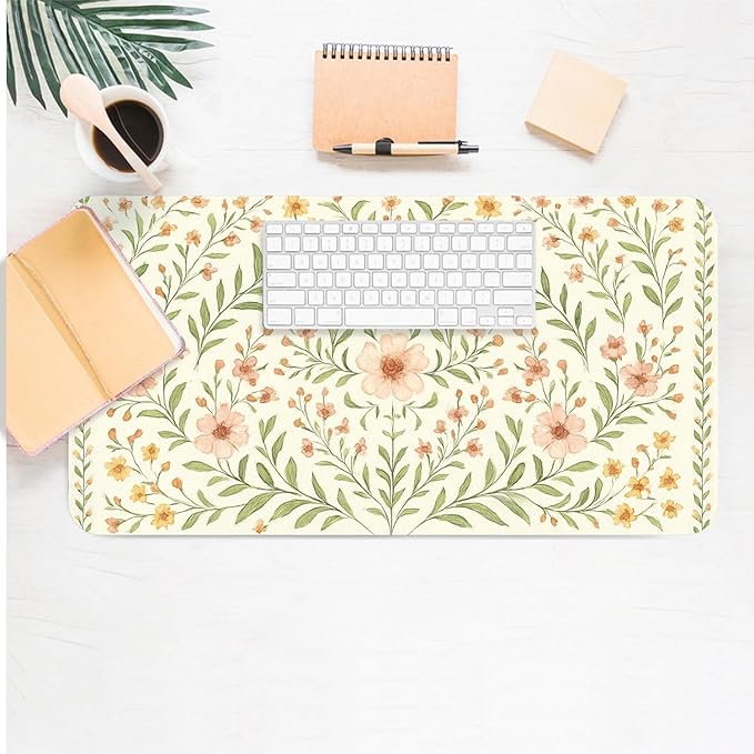 Large Mouse Pad, Beige Flowers Desk Mat for Desktop, Women Girls Flowers PU Leather Waterproof Desk Pad, Computer PC Laptop Protector Gaming Mouse Pads for School Office Home 23.6" x 11.8"