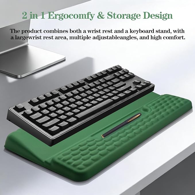 Ergonomic Keyboard Stand with Wrist Rest, Computer Wrist Support Pad, Tilted Keyboard Riser Holder Lift Tray with Wrist Pad, Easy Typing, Comfy Soft Memory Foam Desk Cushion for Office (03- Green)
