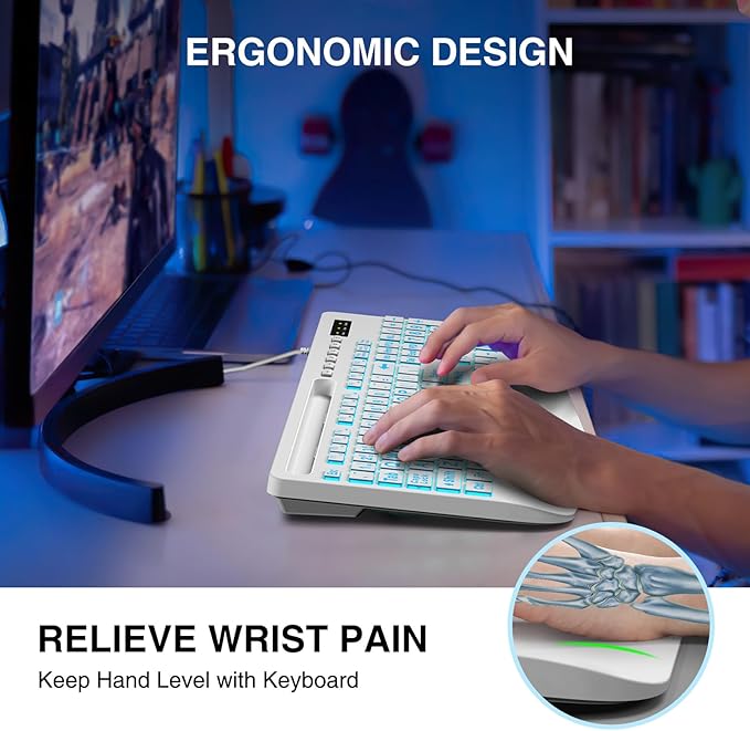 SABLUTE K21Pro Large Print Backlit Computer Keyboards, Wired Lighted USB Keyboards with 7-Color Backlit, Wrist Rest, Phone Holder, Easy to Read and Type for Laptop, PC, Windows, Desktop (White)