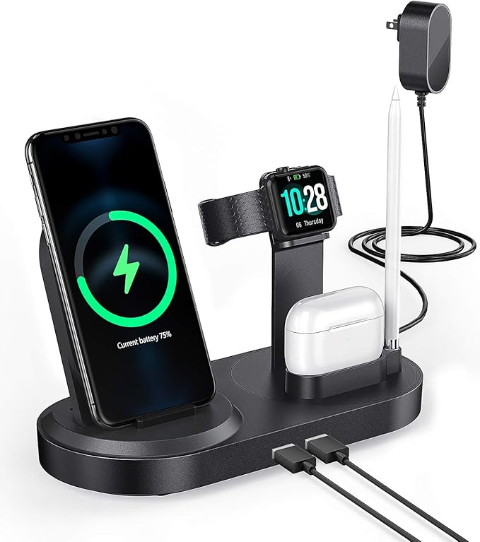 4 in 1 Wireless Charging Station, Fast Charging Dock Stand with 2 USB Ports for Apple Watch, AirPods, Cell Phones, Wireless Charger Compatible with iPhone 12/13/14/15/16 (Gary)