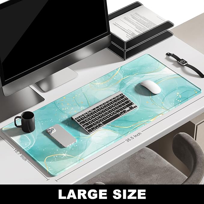 BOSOBO Large Mouse Pad - XXL XL Extended Gaming Desk Mat for Office & Home, Long Keyboard Cover 35.5 x 15.7 Inches, Art Gold Teal Marble