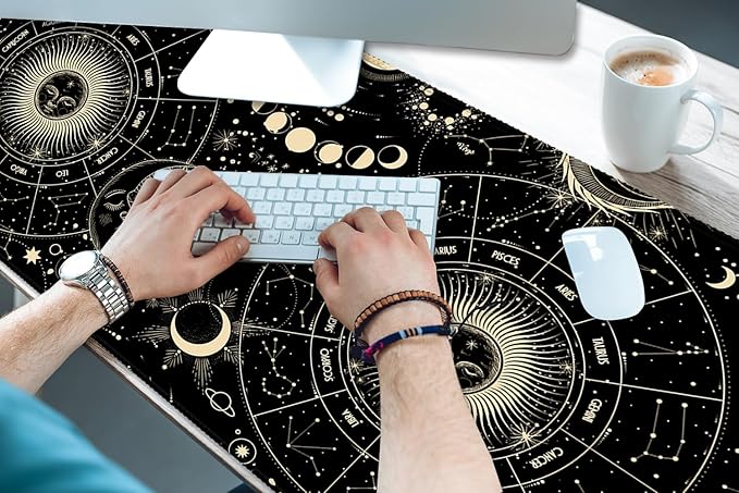 XXL Waterproof Office Desk Pad Protector 35.4x15.7 Inch - Extended Gaming Mouse Pad with Non-Slip Rubber Base, Thickened Keyboard Mat, Stitched Edges & Moon Star Design