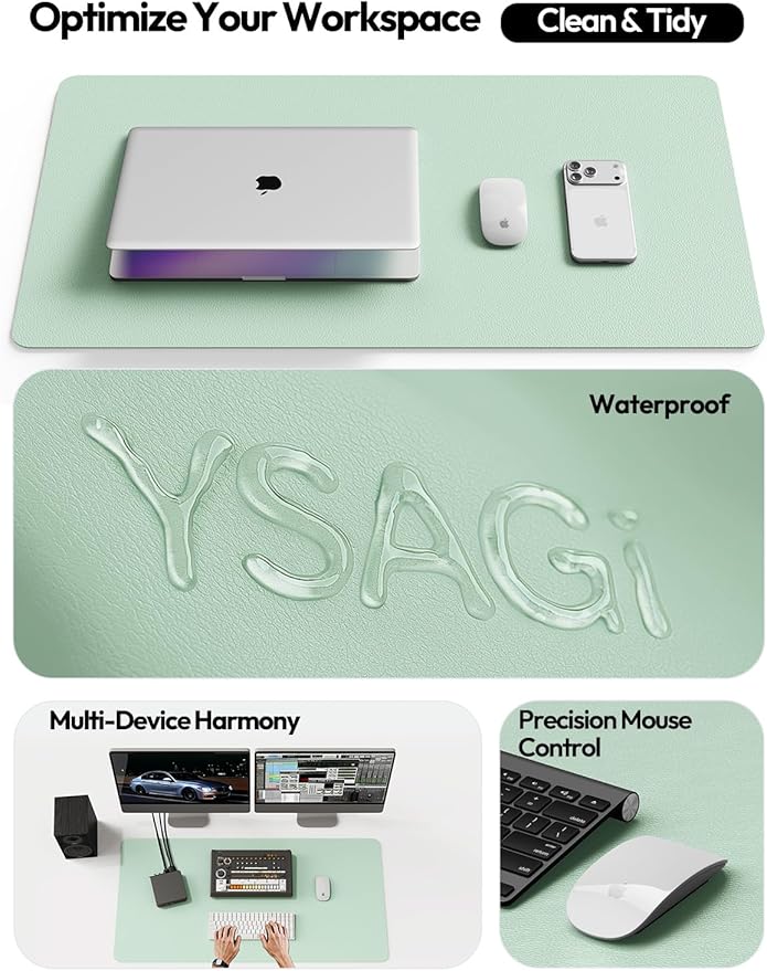 YSAGi Leather Desk Protector, Office Mat, Large Mouse Mat, Non-Slip PU Leather Blotter, Laptop Pad, Waterproof Writing Pad for Office and Home (Pale Green, 23.6" x 13.8")
