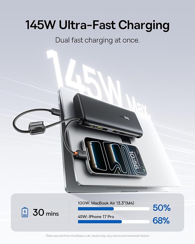 Baseus 25000mAh Power Bank, 140W Laptop Portable Charger with Dual Built-in USB-C Cables, PD3.1 Fast Charging Battery Pack for MacBook Pro/Air, iPhone 17/16/15/14, Galaxy S24, Steam Deck, iPad