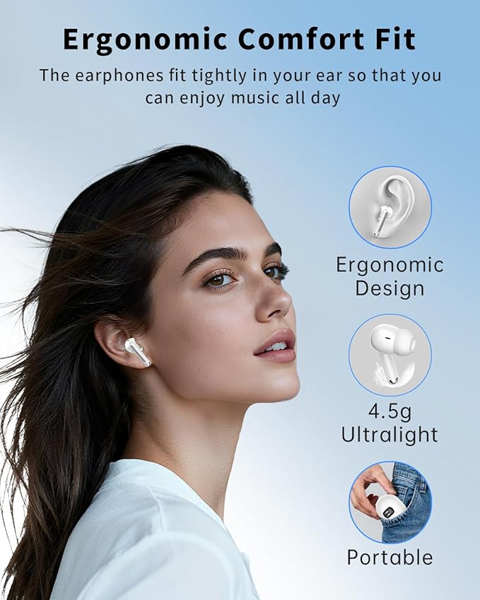 Wireless Earbuds, Bluetooth 5.4 Headphones with 50H Playback, Deep Bass Stereo Ear Buds Clear Calls with LED Power Display, IPX7 Waterproof, in-Ear Earphones with Mic for Phone/Android/iPad, White