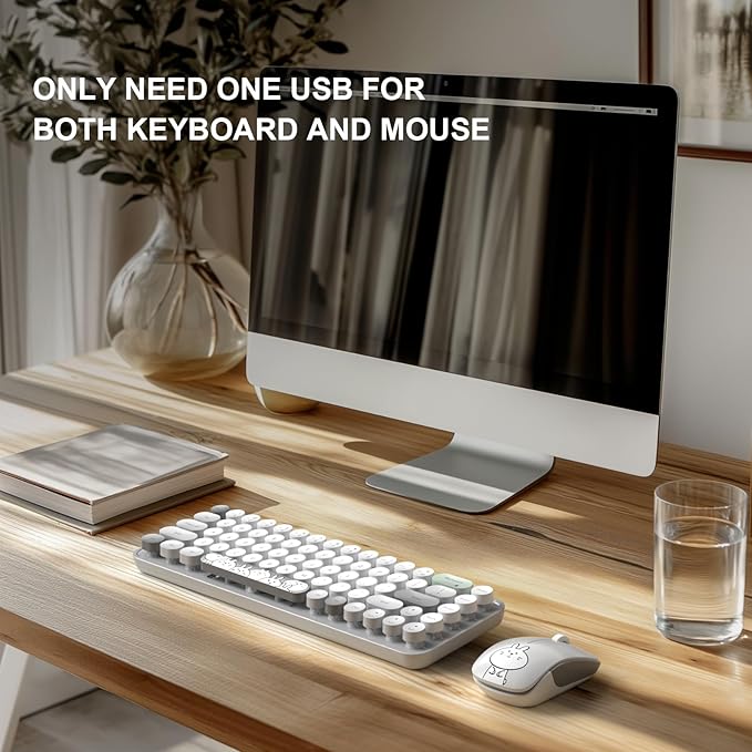 FOPETT Wireless Keyboard and Mouse Cute Mouse and Keyboard 2.4G Wireless Keyboards with Colorful 68 Keys Typewriter Retro Round Keycap for PC, Laptop,Tablet,Computer Windows - Grey Colorful