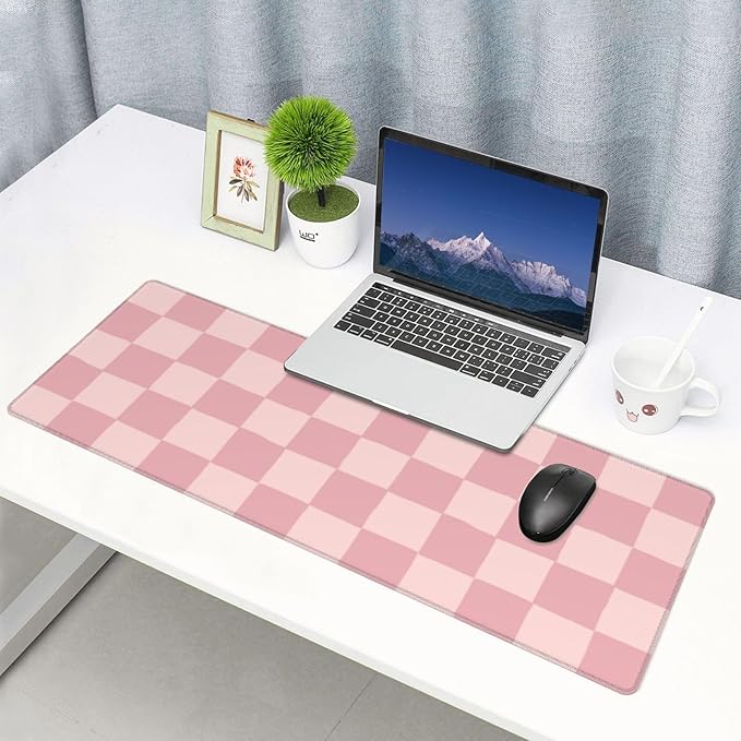 Pink Checkered Gaming Mouse Pad Desk Mat for Home and Office, Large Mousepad Extended Keyboard Pad Stitched Edge Accessories Decor