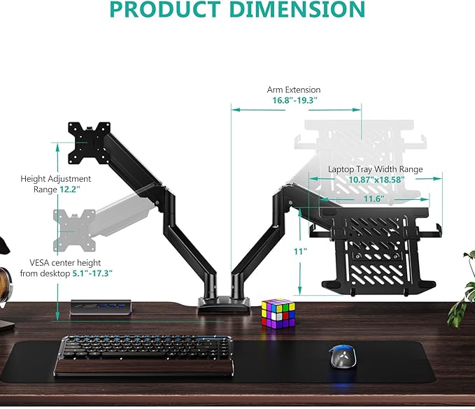 WALI Laptop Desk Mount, Dual Monitor Arm with Laptop Holder, Adjustable Height Laptop Arm Mount for Desk, Fits 17” Notebook and 32” Monitors, Up to 22Lbs (GSMP002LP), Black