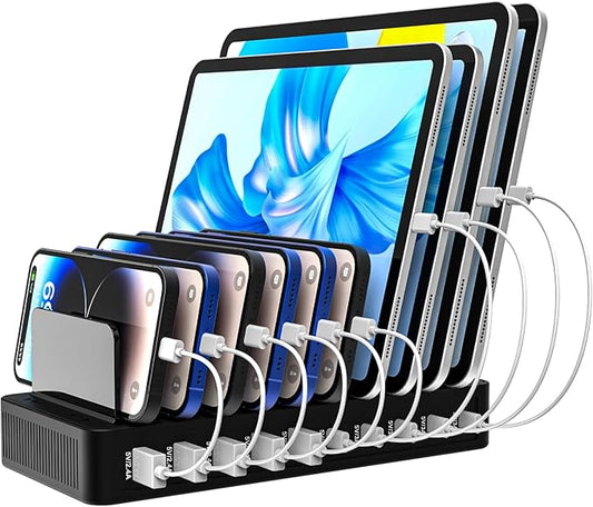 Charging Station for Multiple Devices,100W 10-Port Multi USB Charger with Power Switch,Adjustable Dividers and Type-C 3A for iPhone Galaxy iPad Tablet(Short Cables Not Included)