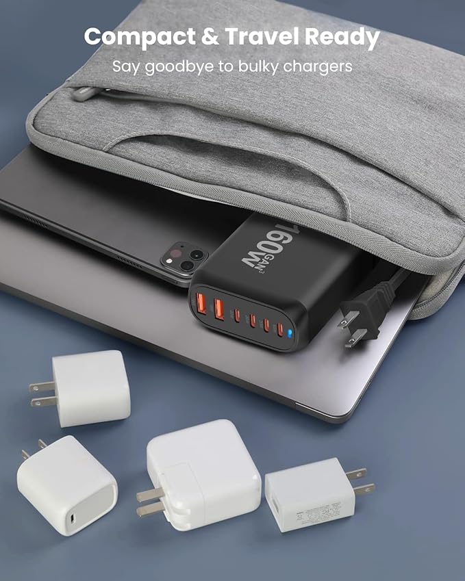 GEEKERA USB C Charger, 160W 6-Port Fast Charging Station with 4 USB-C + 2 USB-A, Portable Multiport Charging Wall Block Hub for iPhone 16 15 14 13 12 iPad Pro MacBook Samsung Galaxy Pixel Switch