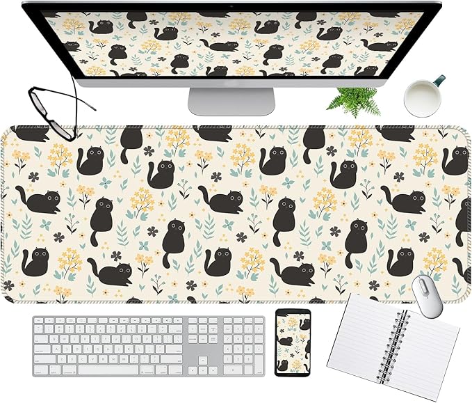 Desk Mat,Big Desk Pad,31.5 x 11.5in Extended Gaming Mouse Pad,Large Mouse Pad for Desk Rubber Base Mousepad with Stitched Edges,Keyboard Mouse Mat for Work Game Office Home - Cat in Flower