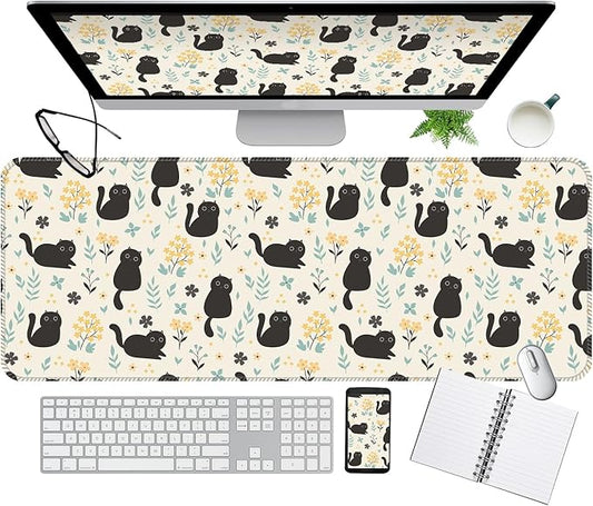 Desk Mat,Big Desk Pad,31.5 x 11.5in Extended Gaming Mouse Pad,Large Mouse Pad for Desk Rubber Base Mousepad with Stitched Edges,Keyboard Mouse Mat for Work Game Office Home - Cat in Flower