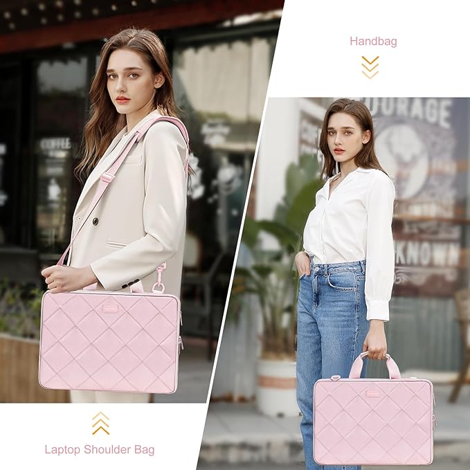 MOSISO 360 Protective Laptop Shoulder Bag, 15-15.6 inch Double Layer Fluffy Padded Laptop Bag with Anti-theft Zipper Compatible with MacBook Pro 16 inch, HP, Dell, Lenovo, Asus Notebook, Pink