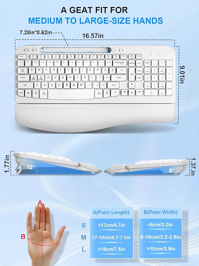 Wireless Keyboard and Mouse Combo, Wave Keys Computer Ergonomic Keyboard with Cushioned Plam Rest, Phone Holder, 2.4GHz Silent 6 Button Wireless Mouse Set for Laptop, PC, Windows, Mac (White)