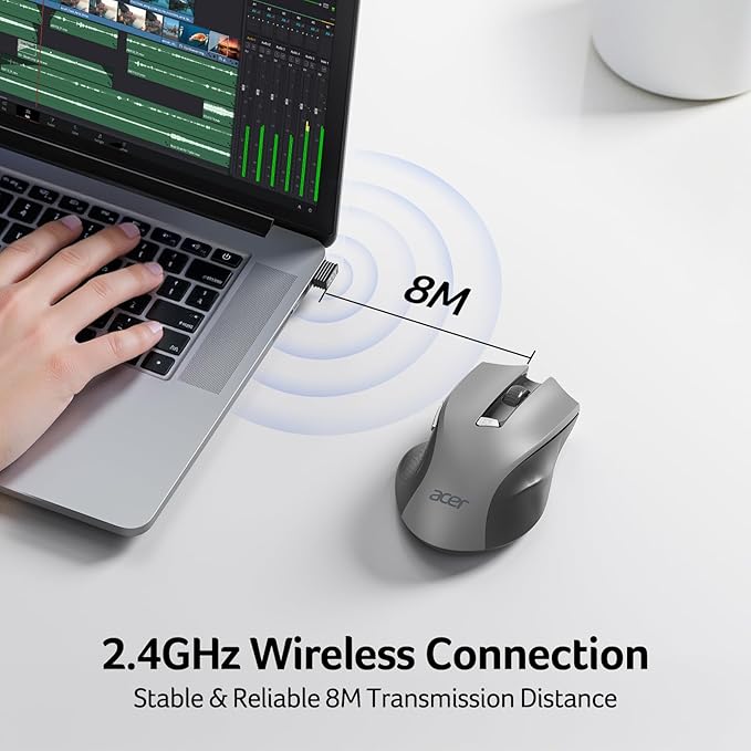 acer Wireless Mouse for Laptop, 2.4GHz Computer Mouse 3 Adjustable DPI Office Cordless USB Mice with USBA Receiver, 6 Buttons, 1600 DPI, Medium to Large Sized Hands (Grey)