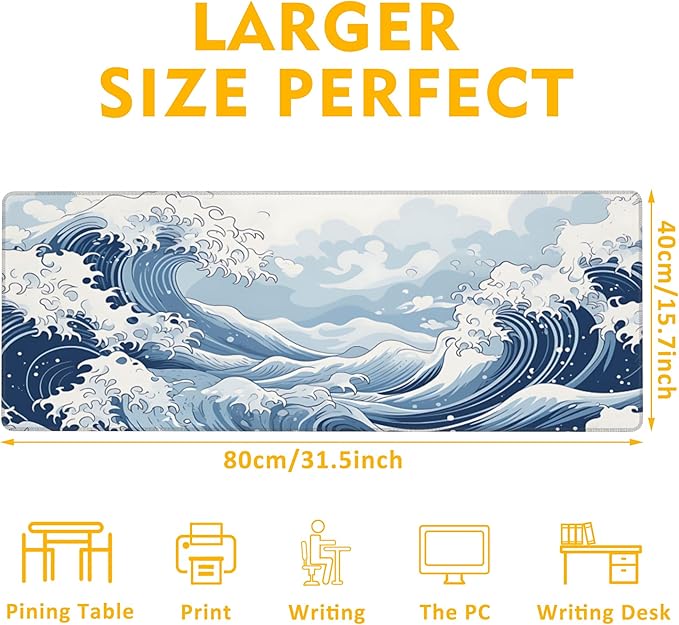 Mountain Gaming Mouse Pad,Japanese Blue and White Sea Wave Desk Mat,31.5""X15.7"" Large Desk Pad with Stitched Edge Non-Slip Base Keyboard Big Mouse Pad for Office Home Work Gaming, WDQ-D05