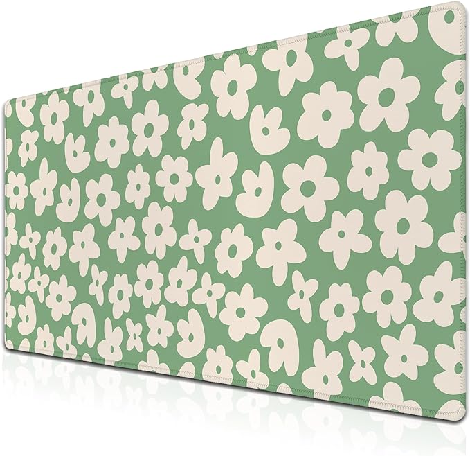 Large Gaming Mouse Pad - Green Keyboard Mouse Pads with Non-Slip Rubber Base, 35.4" X 15.7" for Game Office, Groovy Flowers