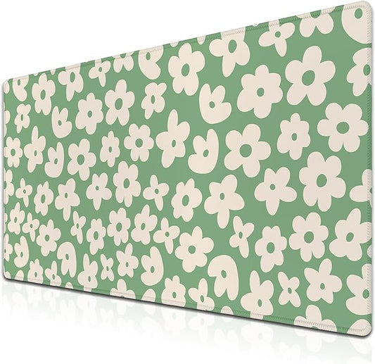 Large Gaming Mouse Pad - Green Keyboard Mouse Pads with Non-Slip Rubber Base, 35.4" X 15.7" for Game Office, Groovy Flowers