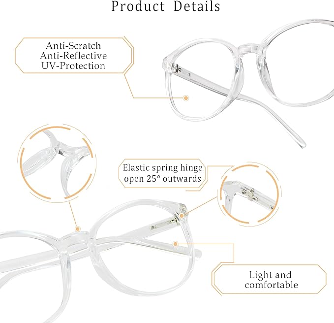 LifeArt Round Blue Light Blocking Glasses, Computer Glasses, Gaming Glasses, TV Glasses for Women Men (Clear, 1.75 Magnification)