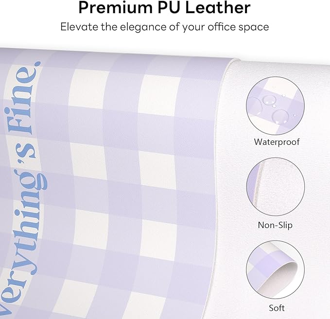Checkered Pattern Desk Pad Protector, 35.5 x 13'' in Aesthetic Mouse Mat for Desktop, Waterproof PU Leathe Non-Slip Desk Writing Pad for Office and Home, Purple and Yellow