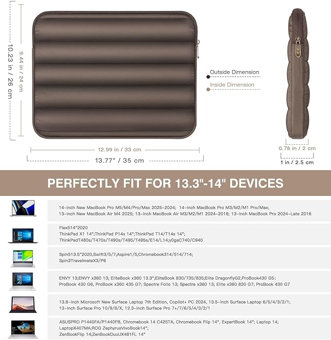 MoKo 13-14 Inch Puffy Laptop Sleeve, Laptop Carrying Bag Fit with New Mac Neo A18 Pro, Mac Pro M5 14" 2026, Mac Air 13.6/13.3, iPad Pro 12.9/13, Notebook Laptop Travel Bag, Coffee