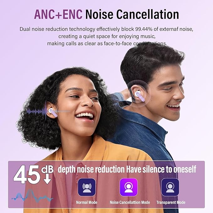 Wireless Earbuds, Bluetooth 5.4 Headphones with Multifunctional Touch Screen, 48H Bass Stereo Ear Buds with ANC/ENC Noise Cancelling/Transparency Mode, IPX7 Earphones with 5 EQ Modes, Taro purple