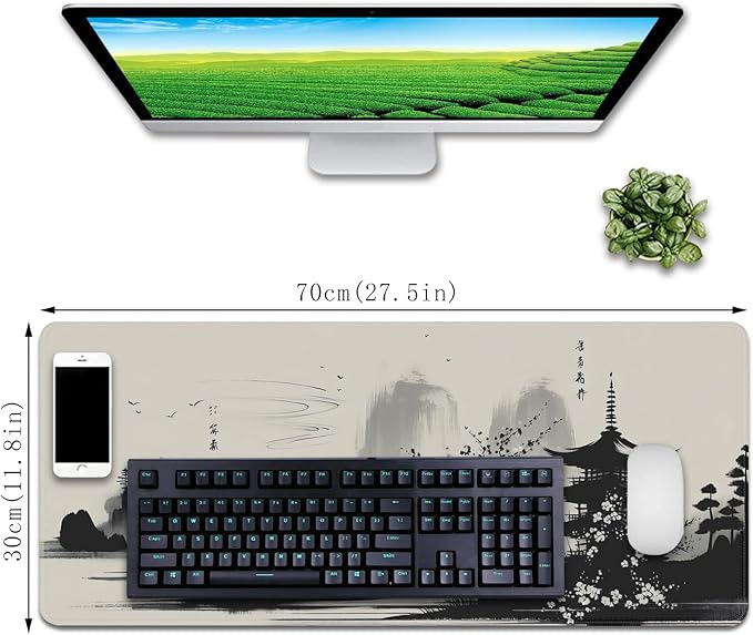 Ink Wash Sakura Mouse Pad Desk Mat,Cherry Blossoms Mouse Pad Japanese,Desk Mat for Keyboard and Mouse,Computer Pad,XL Mousepad with Stitched Edge Non-Slip Rubber Base for Office Home (27.5X11.8 in)