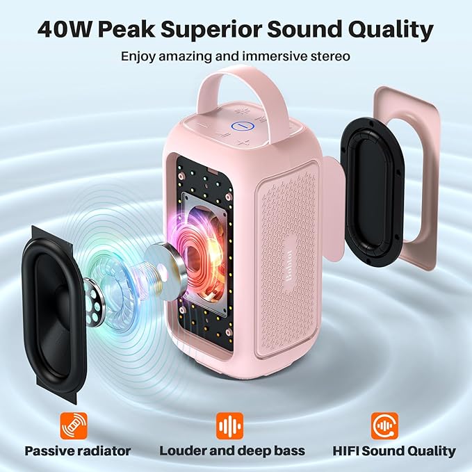 Bobtot Portable Bluetooth Speaker, 16H Playtime Wireless Speakers, Peak Singing Machine with Microphone, Magic Sound, Echo, EQ Mode (Pink, with 1 Mic)