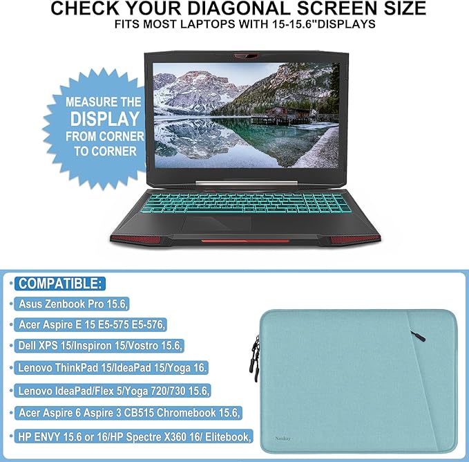 15.6 inch Laptop Case, Shockproof Protective Computer Sleeve Cover with Accessories Pocket, Water Resistant Traveling Carrying Laptop Bag Compatible for MacBook Dell HP Acer Lenovo, Light Blue