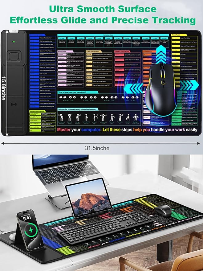 Mouse Pad with Foldable Phone Holder, Wireless Charging Desk Mat with Excel/Word/PowerPoint/Windows Shortcut Keys, 31.5"x15.8" Large Mousepad, XXL Desk Pad with Non-Slip, Waterproof