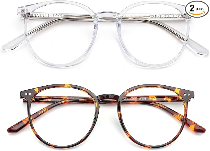 2 Pack Blue Light Blocking Glasses for Women and Men, Round Frame Computer Gaming Anti Eyestrain & UV Glare RF6213 (Clear + Coco Tortoise)