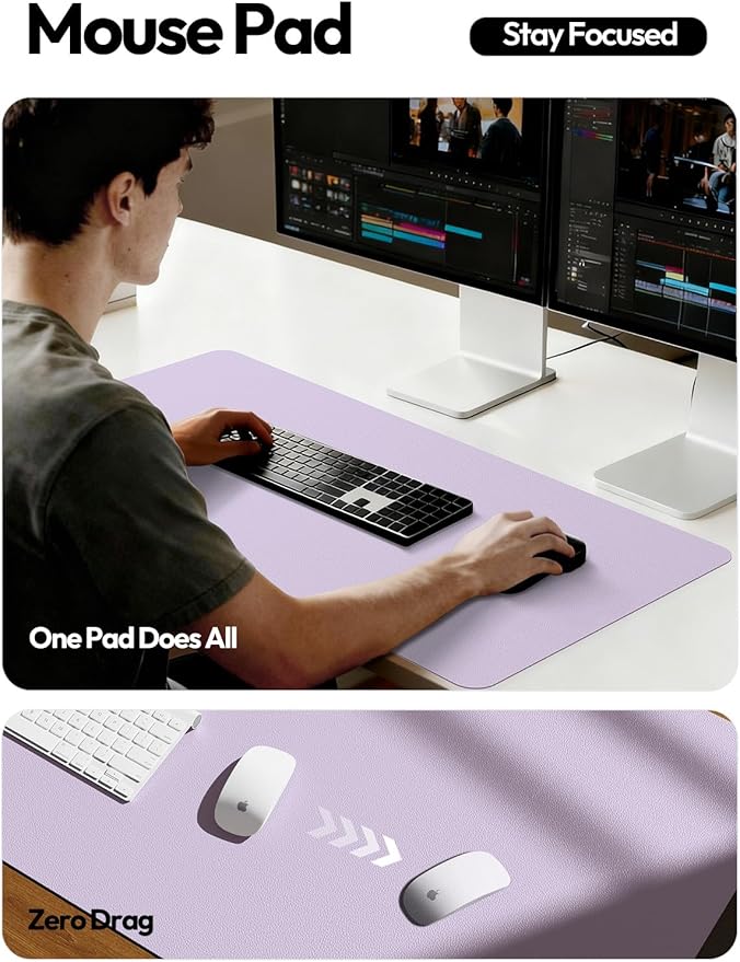 YSAGi Leather Desk Pad Protector, Office Desk Mat, Large Mouse Pad, Non-Slip PU Leather Desk Blotter, Laptop Desk Pad, Waterproof Desk Writing Pad for Office and Home (Light Purple, 47" x 17")