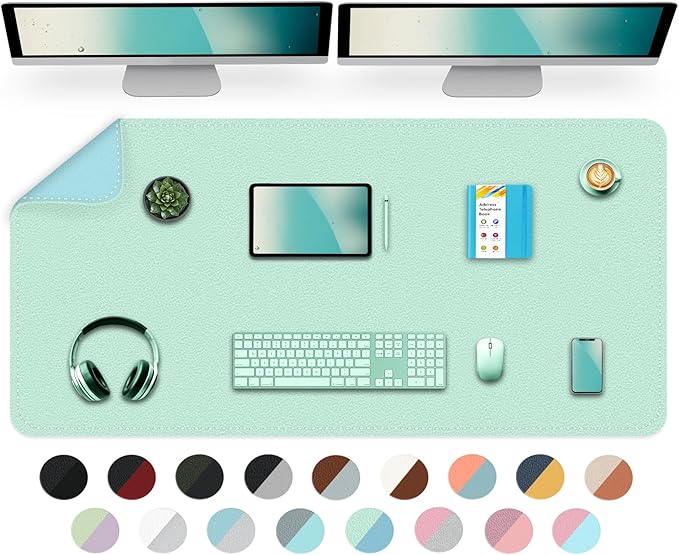 Dual-Sided Desk Mat, Large Pad, Waterproof Smooth PU Leather Blotter Protector, Mouse Pad, Desk Organizers, Office/Home Table Decor for Reading and Writing (Lake Green+Blue, 47.2''23.6'')