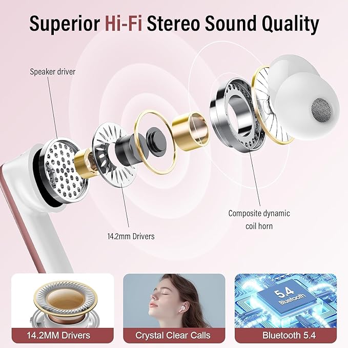 Wireless Earbuds, Bluetooth 5.4 Headphones with Multifunctional Touch Screen, 48H Bass Stereo Ear Buds with ANC/ENC Noise Cancelling/Transparency Mode, IPX7 Earphones with 5 EQ Modes, Rose