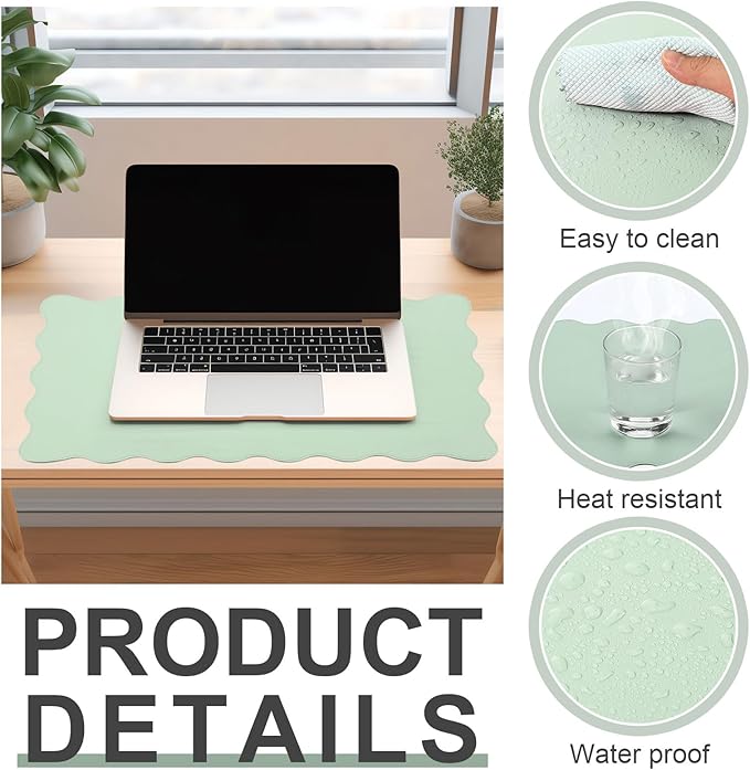 Scalloped Desk Mat Leather Desk Pad Protector Non-Slip PU Leather Table Protector Waterproof Mouse Pad Keyboard Mat Curly Mousepad PC Accessories Gift for Office Home (Sage Green)