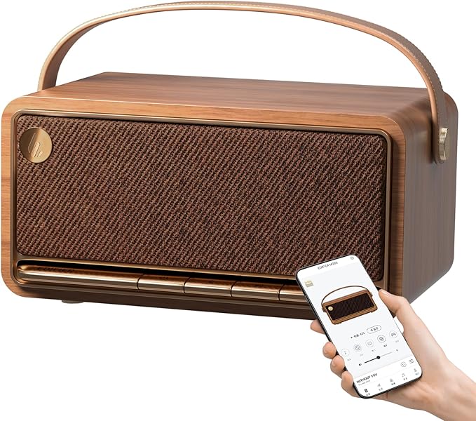 Edifier Retro Wood Bluetooth Speaker, Wireless Portable Speakers with 40W Hi-Res Audio, Stereo Pairing ConneX App, USB and TF Card Brown