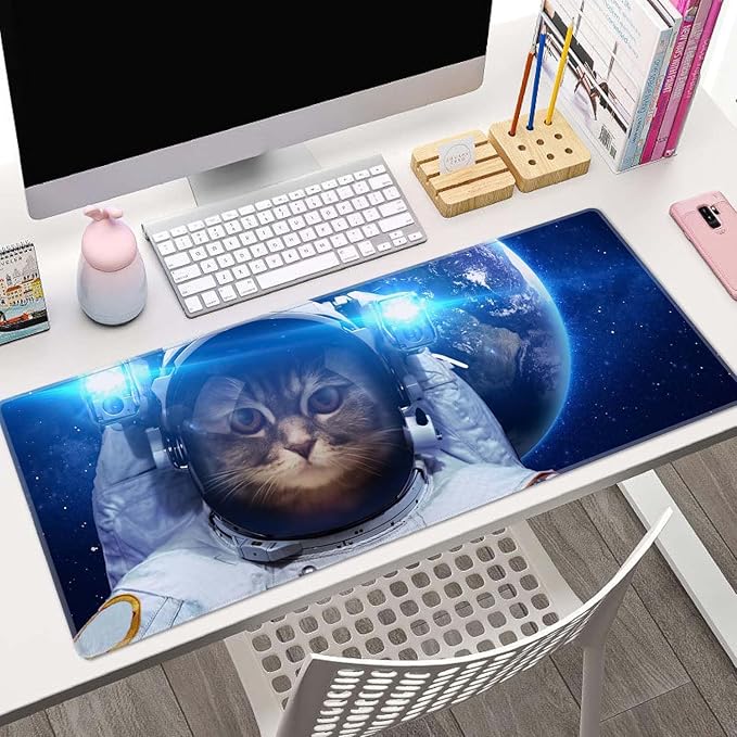 Astronaut Cat Nebula Galaxy Outer Space Gaming Mouse Pad XL Extended Large Desk Mat Big Mousepad Non-Slip Rubber Base Stitched Edge Long Desk Pad for Desktop PC Computer Gamer,31.5×11.8 Inch
