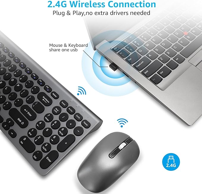 LeadsaiL Wireless Keyboard and Mouse Combo, Wireless USB Mouse and Computer Keyboard Set, Compact and Silent for Windows Laptop, Desktop, PC- Grey