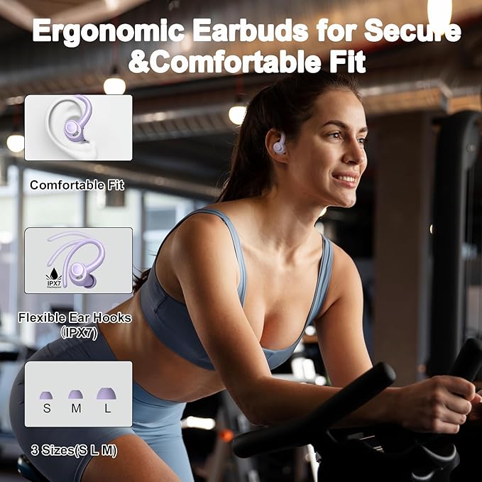 Wireless Earbuds Bluetooth 5.3 Headphones Sports, 48H Over Ear Buds with ENC Mic, Stereo Deep Bass Bluetooth Earbuds with Secure Earhooks, LED Display, IPX7 Waterproof Earphone for Running/Gym Purple