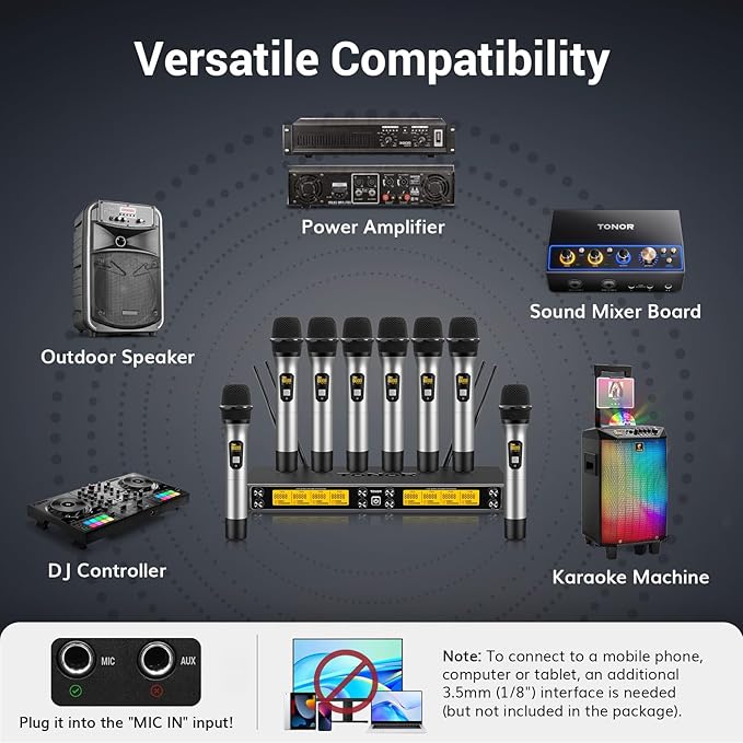 TONOR Wireless Microphones System, 8 * 12 Channel Metal Professional UHF Cordless Dynamic Handheld Mics with Receiver for Home Karaoke, Meeting, Party, Church, Wedding, KTV, 90 m/295ft, TW-880 Silver