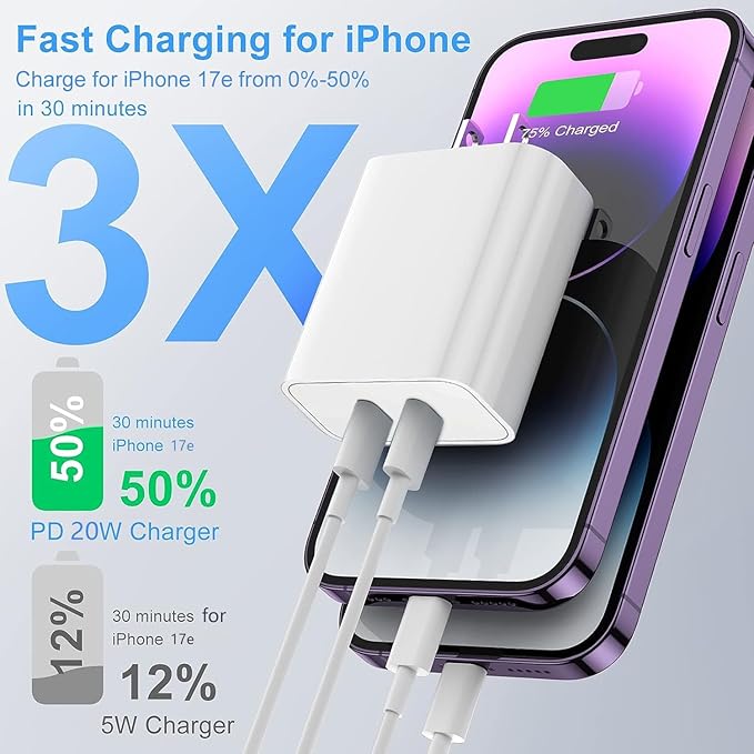 USB C Fast Charger Block,USB C Charging Block 3-Pack Type C 2in1 Dual Ports Plug Wall Charger,Fast Type C Charger for iPhone 17/17e/17Pro/17 Pro Max/Air/16e/16Plus/16Pro Max/15/14/13/12/11/Xs Max/XR/X