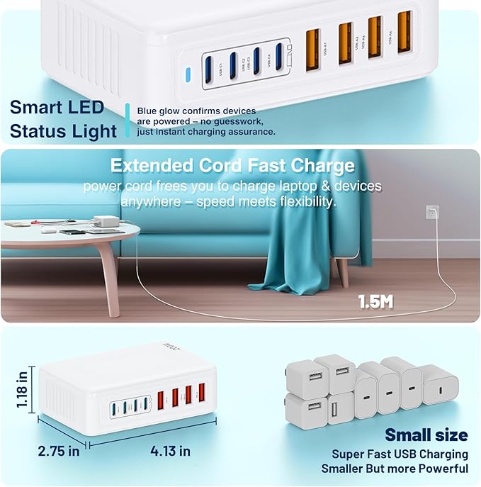 200W GaN III USB C Charging Station, 8-Port (4C+4A) Fast Charger Hub, Universal Wall Charger Block for iPhone 17/16/15/14 Pro Max, iPad, Samsung Galaxy Note, Pixel, Laptops & More