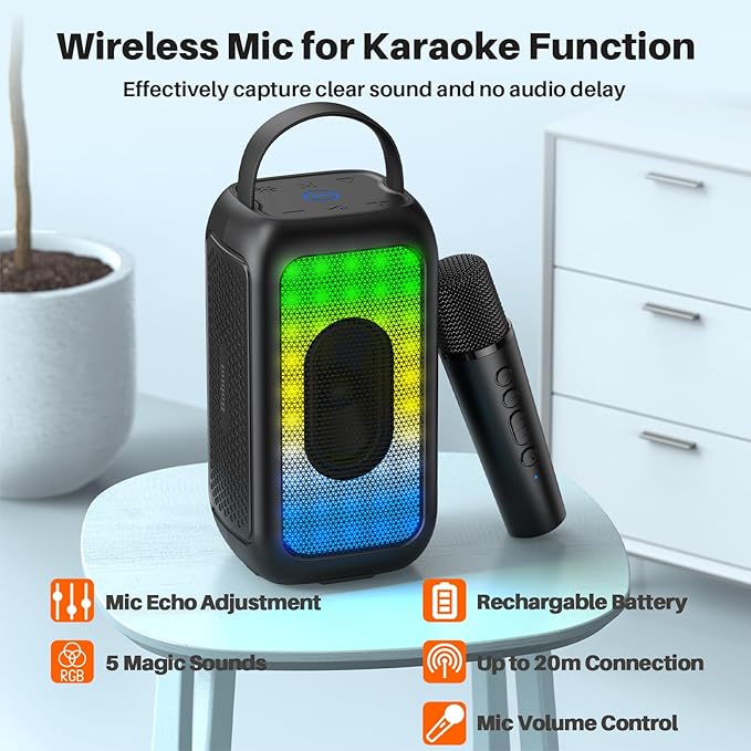 Bobtot Portable Bluetooth Speaker, 16H Playtime Wireless Speakers, Peak Singing Machine with Microphone, Magic Sound, Echo, EQ Mode (Black, with 1 Mic)