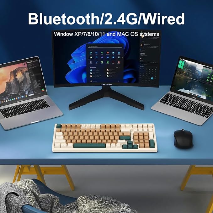 Wireless Mechanical Keyboard, Triple Mode 2.4G/USB-C/BT Gaming Keyboards 100 Keys RGB Backlit, Blue Switch Keyboard | Rechargeable Mechanical Gaming Keyboards | Brown Combo