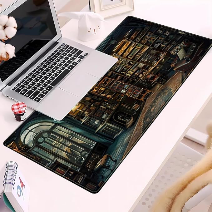 Dark Gothic Desk Mat Gaming Desk Pad Large Mouse Pad, Magician'S Fantasy Bookcase Gothic Mouse Mat XXL Laptop Keyboard Pad, Laptop Keyboard and Mouse Mat Desktop Protector Mat 31.5 X 15.7 in