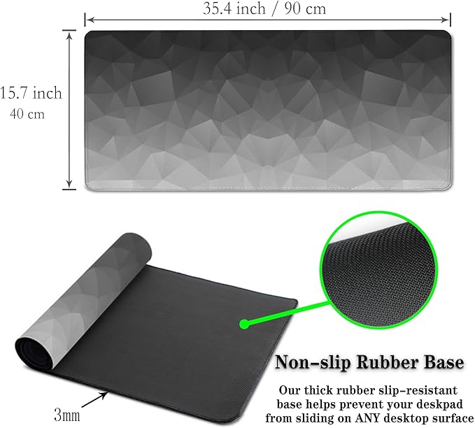 Computer Desk Mat XXL Mousepad Big Mouse Pad Gaming Desk Mats Office Pad Non-Slip Rubber Base Waterproof with Stitched Edges 35.4 X 15.7 for Game Office, White Grey Geometric