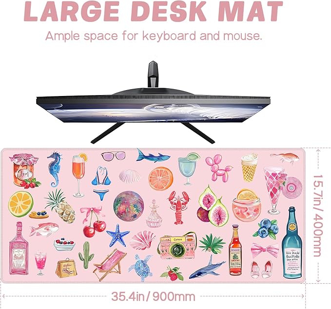 Baziabbo Pink Desk Mat,XXL Extended Large Mouse Pad,Gaming Mousepad with Stitched Edge,Non-Slip Rubber Base Keyboard Desk Pad for Home Office Study Game (Pink Stickers)