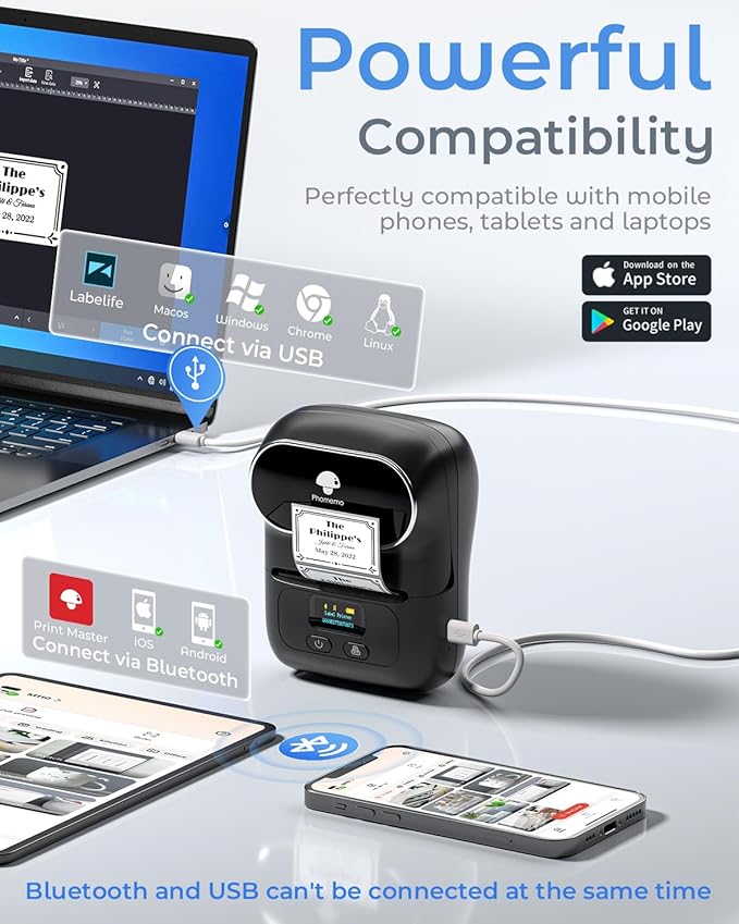 Phomemo Label Maker with 3 Roll Labels and Bag, Barcode Label Printer for Small Business, Logo Office, School, Home, Sticker Printer Compatible with Phones & PC