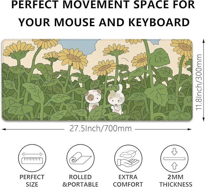 Sunflower Desktop Mouse Pad Large,Cute Mouse Pads,Cartoon Anime Mouse Mat for Desk,Desk Mat with Stitched Edges,Non-Slip Waterproof Rubber Base,Keyboard Computer Office Home Work(27.5X11.8 in)